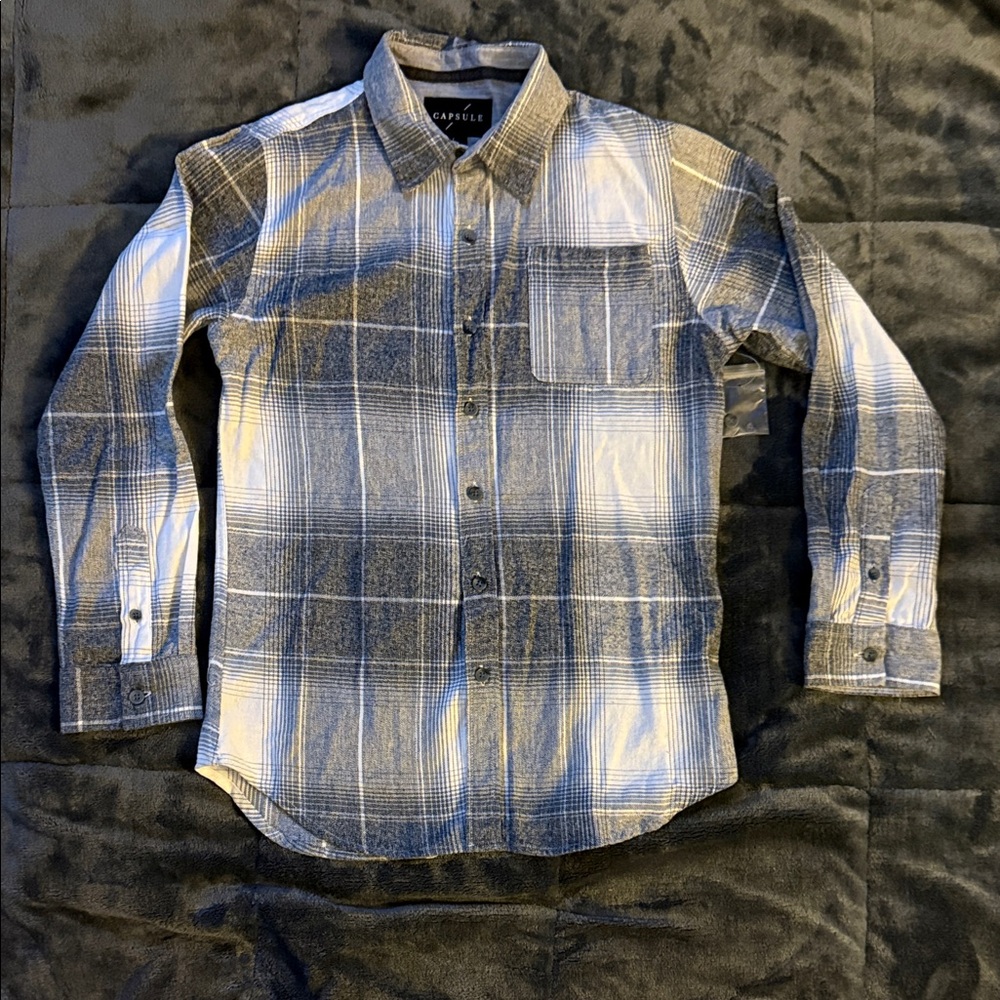 Kids Blue and White Plaid Button Down Shirt